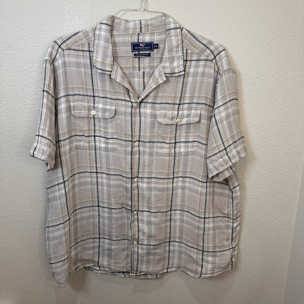 Vineyard Vines Mens 100% Linen Classic Fit Shirt XL Short Sleeve Neutral‎ Beach